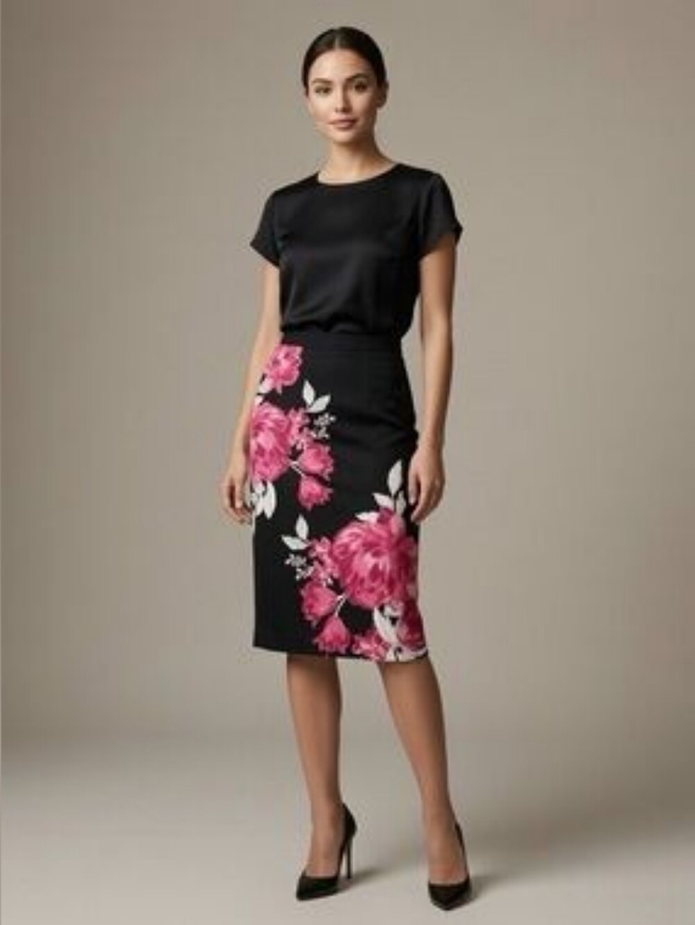 L NWT Alfani Black‎ Floral Midi Pencil Skirt